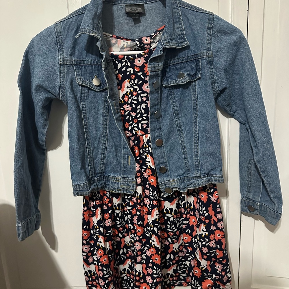 Picapino Girls 8 Unicorn Floral Dress & Lightweight Denim Jacket Set